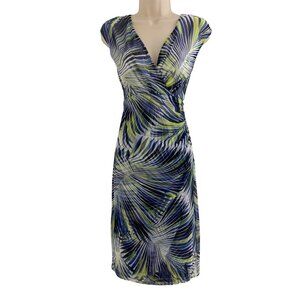 London Times Purple‎ Green Palm Print Mesh Sheath Dress Size 12 Summer Tropical